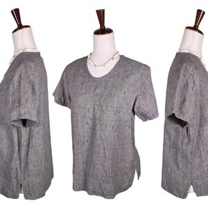 FLAX Top SZ M Linen Short Sleeve Brown Lagenlook Neutral Granola Girl Earthcore
